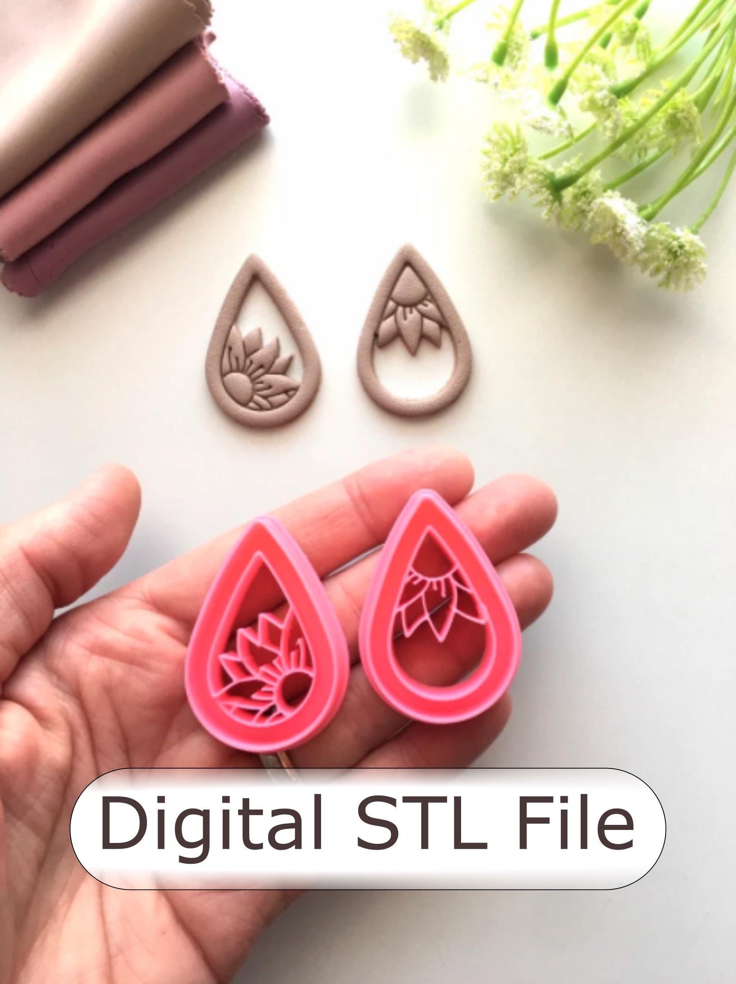 Embossed Flower Teardrop Polymer Clay Cutter - Digital STL File - 2 Styles Included